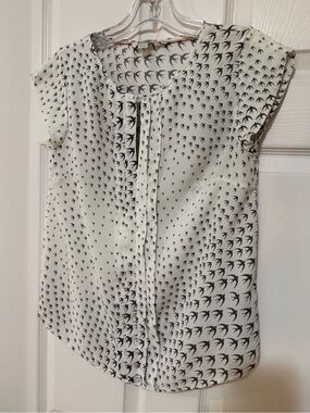 Boden White Short-Sleeve Blouse with Grey Bird Print